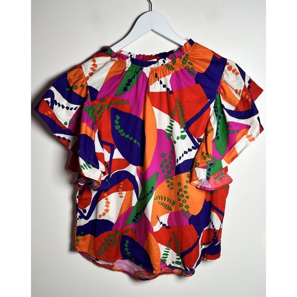 Ces Femme L Sleeveless Abstract Top Ruffle Colorful Spring‎ Eclectic Art Preppy